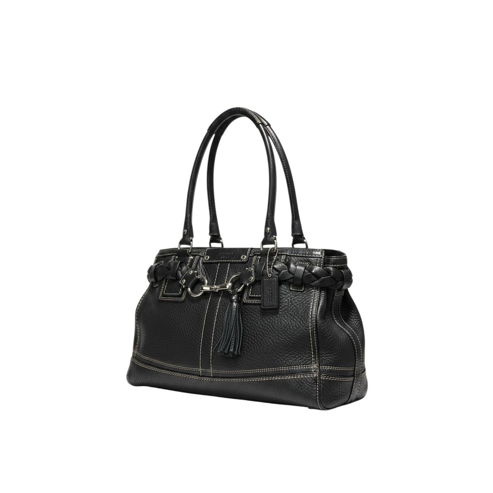 Coach Hampton Tote Satchel Bag Black Pebble Leather Braided